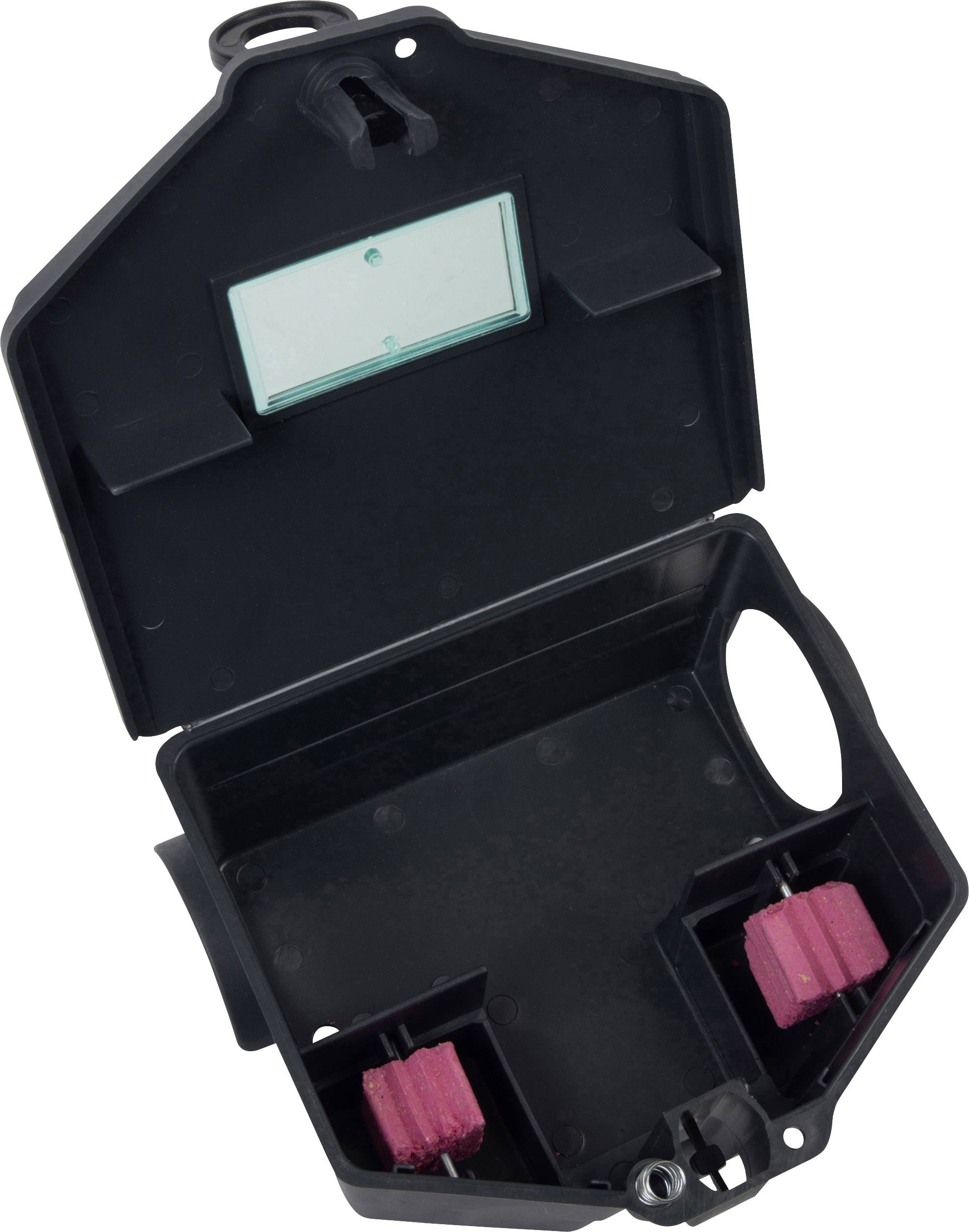 Boîtier noir en plastique ouvert contenant deux appâts rouges pour la lutte antiparasitaire. Comporte une zone transparente pour le contrôle.
