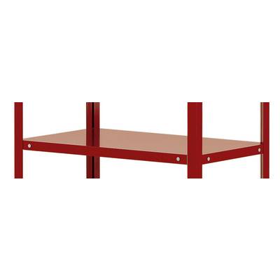 Étagère métallique rouge à deux tablettes, design épuré, autoportante.