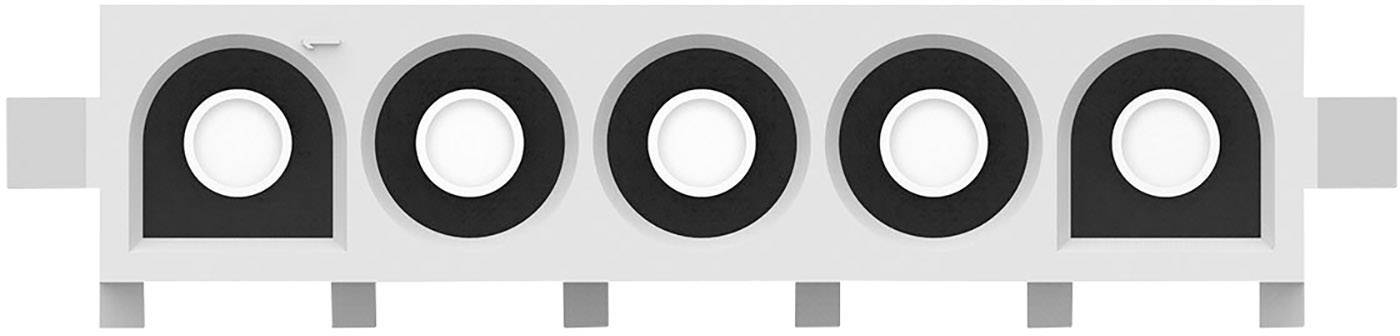Une série de cinq enceintes concentriques avec des anneaux noirs et blancs disposés de manière rectangulaire.