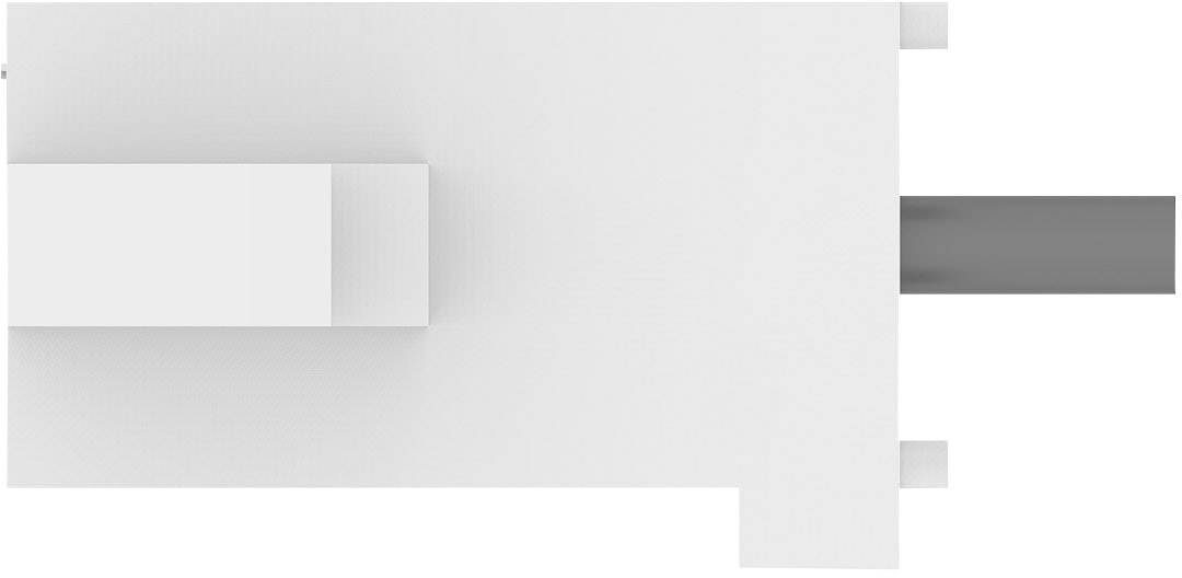 Sculpture rectangulaire minimaliste avec un élément gris en saillie sur la droite, sur un fond blanc.