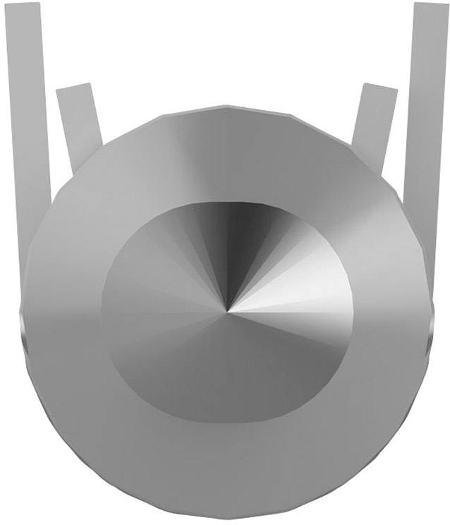 Objet gris, métallique, conique, à surface lisse. De petits éléments rectangulaires sont présents sur sa partie supérieure.