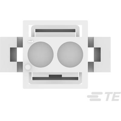 Un connecteur en plastique blanc rectangulaire avec deux connexions circulaires, reliées par des clips sur les côtés ; logo 'TE' en bas à droite.