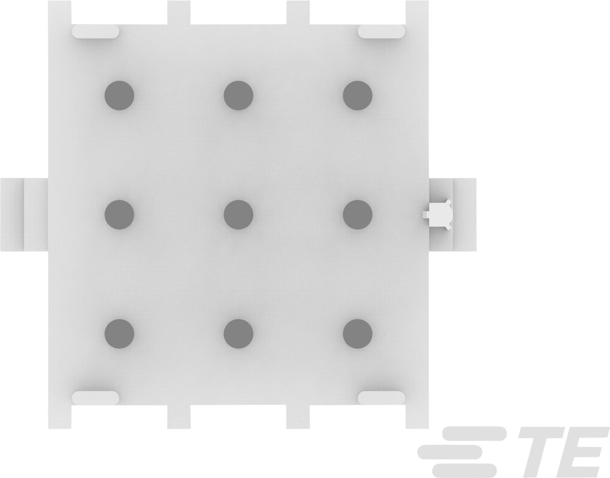 Vue de face d'un connecteur électrique rectangulaire avec trois rangées de broches métalliques. Logo de l'entreprise et inscription 'TE' dans le coin inférieur droit.