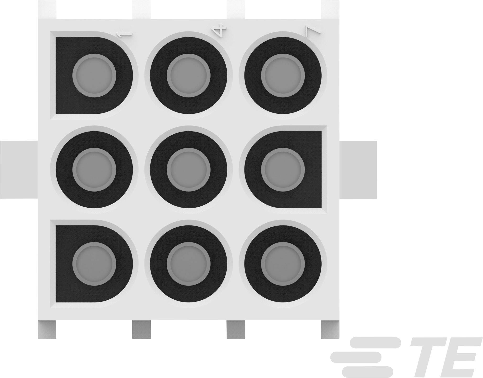 Une grille carrée avec neuf touches noires et rondes sur un fond blanc. Chaque touche possède un centre gris.