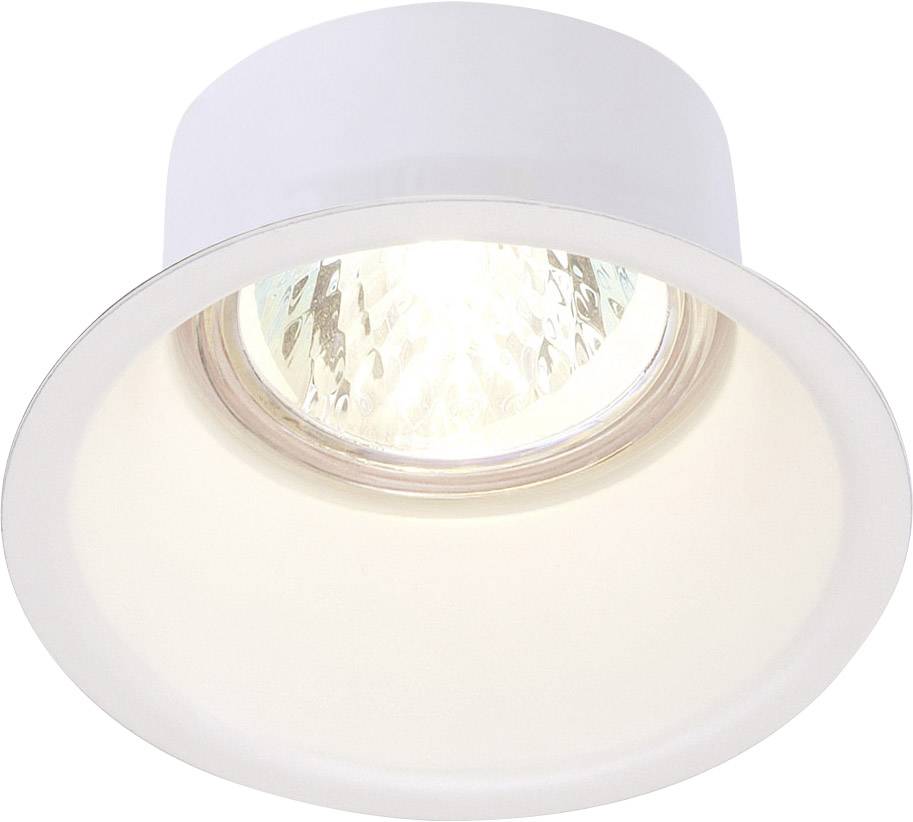 Un luminaire encastré rond et blanc, allumé et diffusant de la lumière.