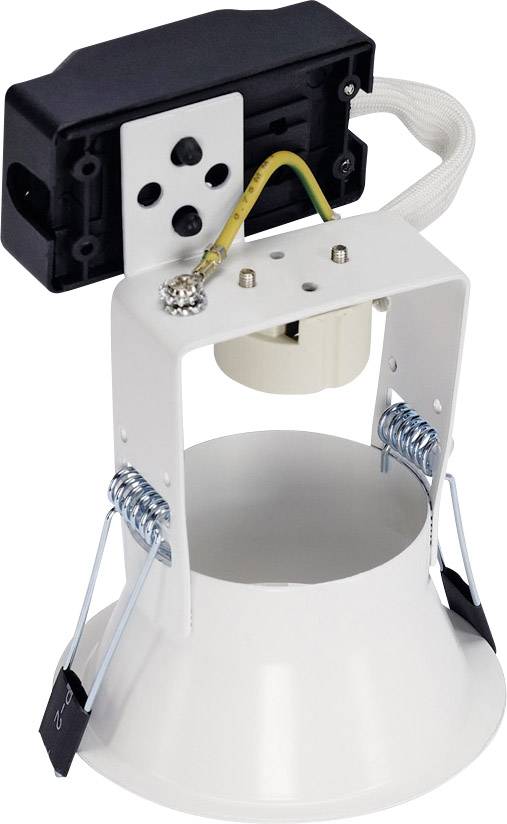 Un spot encastrable rond blanc avec deux ressorts de montage et une connexion électrique montre l'arrière d'un élément d'éclairage.