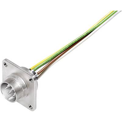 'Connecteur avec quatre fils codés par couleur dans un boîtier métallique. Utilisé pour les connexions électriques dans des applications industrielles.'