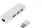 Hub USB argenté avec trois ports USB 3.0 et une connexion Ethernet, relié par un court câble avec une fiche USB.