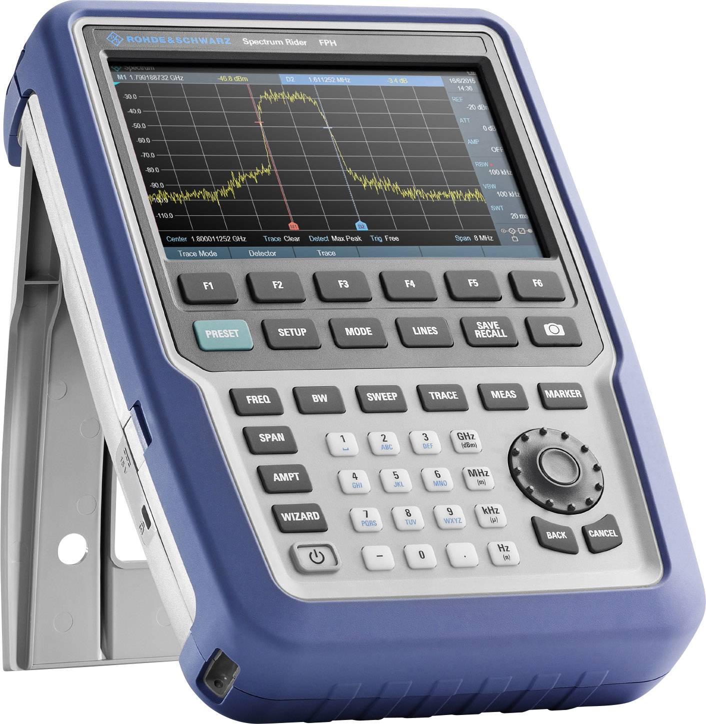 Analyseur de spectre portable avec écran affichant un diagramme de fréquence. Clavier et plusieurs touches de fonction visibles.