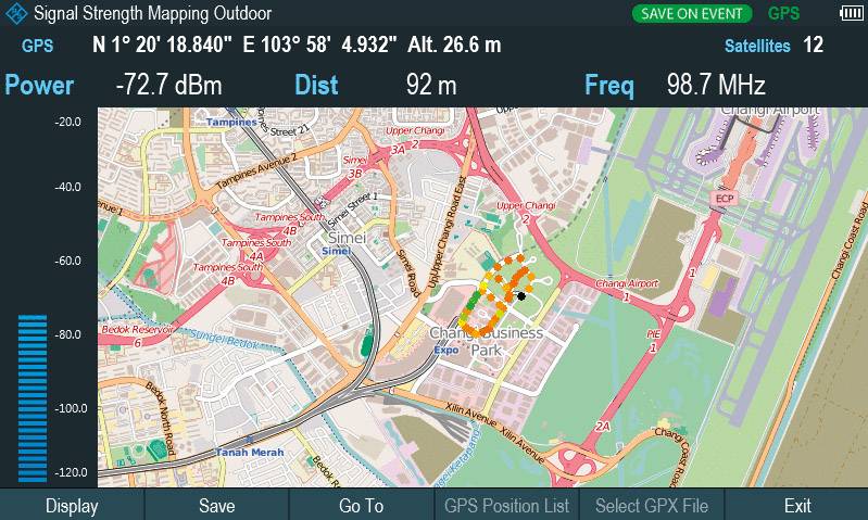 Carte de puissance du signal de Singapour avec coordonnées GPS, altitude et vue détaillée de la ville. Fréquence 98,7 MHz, puissance -72,7 dBm.