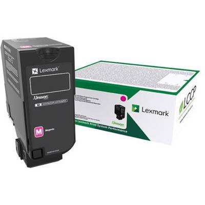 Cartouche de toner magenta 'Lexmark' et son emballage. La cartouche est adaptée aux imprimantes laser et offre des performances d'impression élevées.