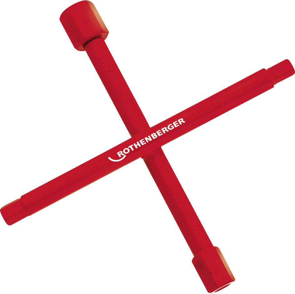 Clé à tube rouge en croix portant l'inscription 'Rothenberger', utilisée pour les installations de plomberie.