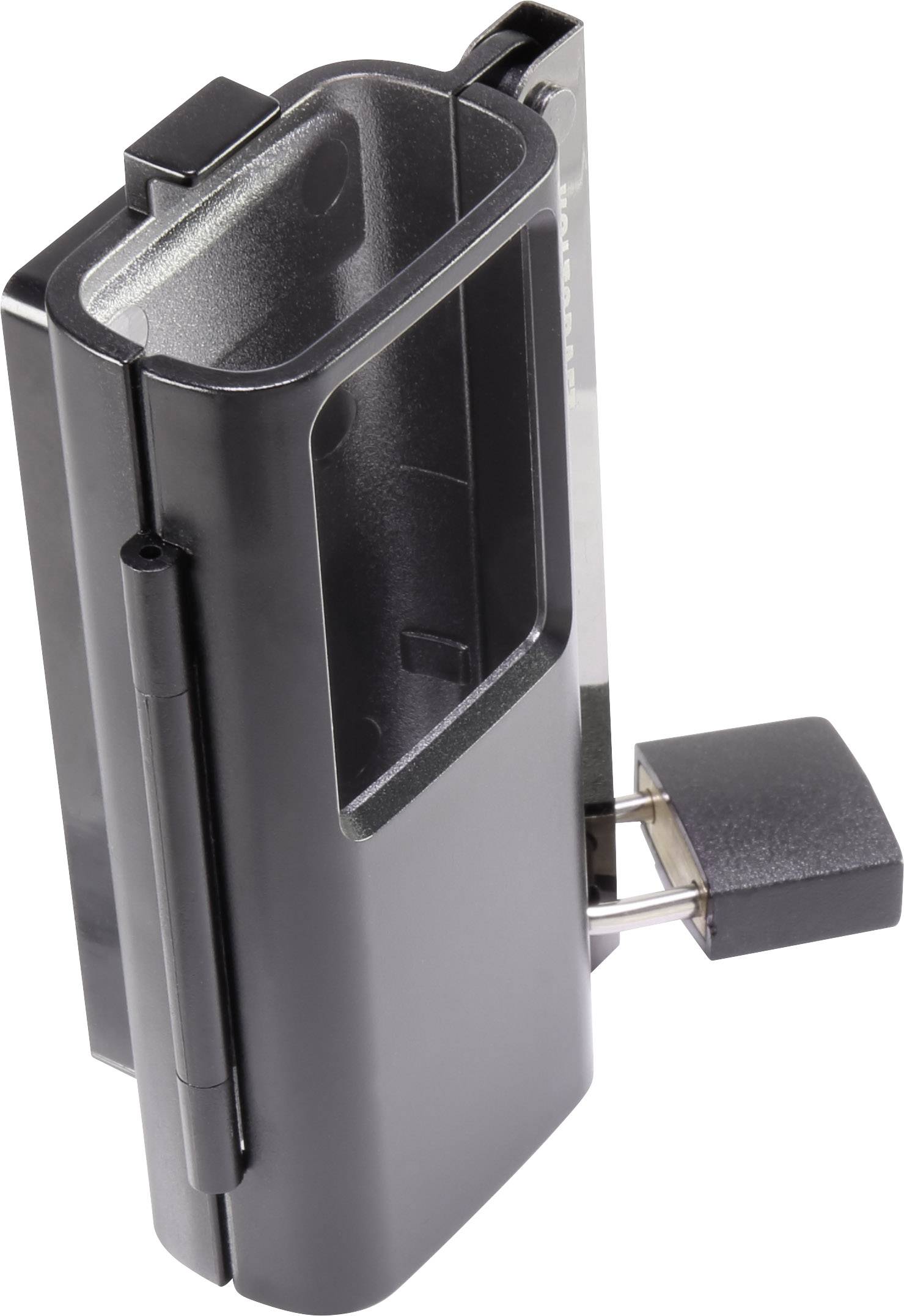 Un mécanisme de fermeture rectangulaire noir avec un cadenas sur le côté, adapté aux portes ou aux fenêtres.