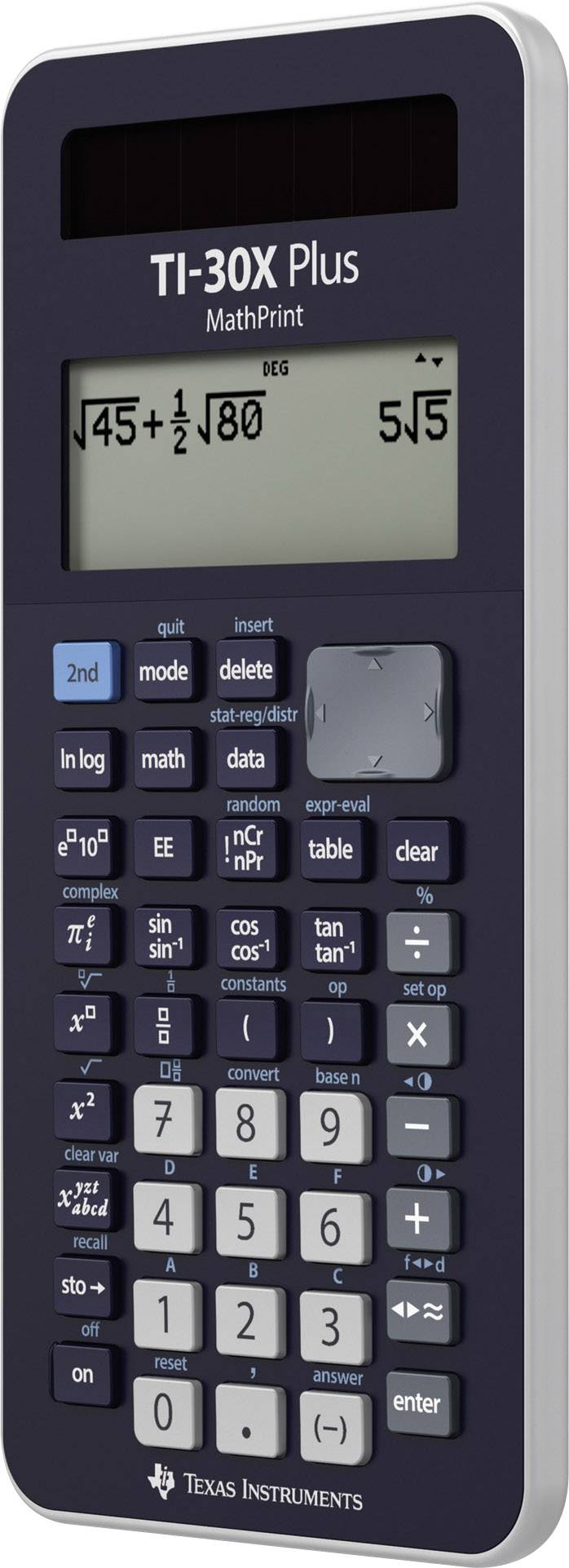 Une calculatrice scientifique noire de la marque Texas Instruments avec un écran affichant des expressions mathématiques.
