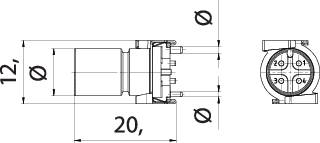 Dessin technique d'un moteur cylindrique avec dimensions. Vue latérale montrant les détails mécaniques et les connexions, vue de dessus à droite.