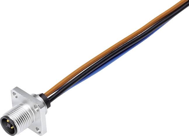 Un connecteur métallique avec un câble noir, bleu et orange pour des connexions électroniques, sur un fond blanc.