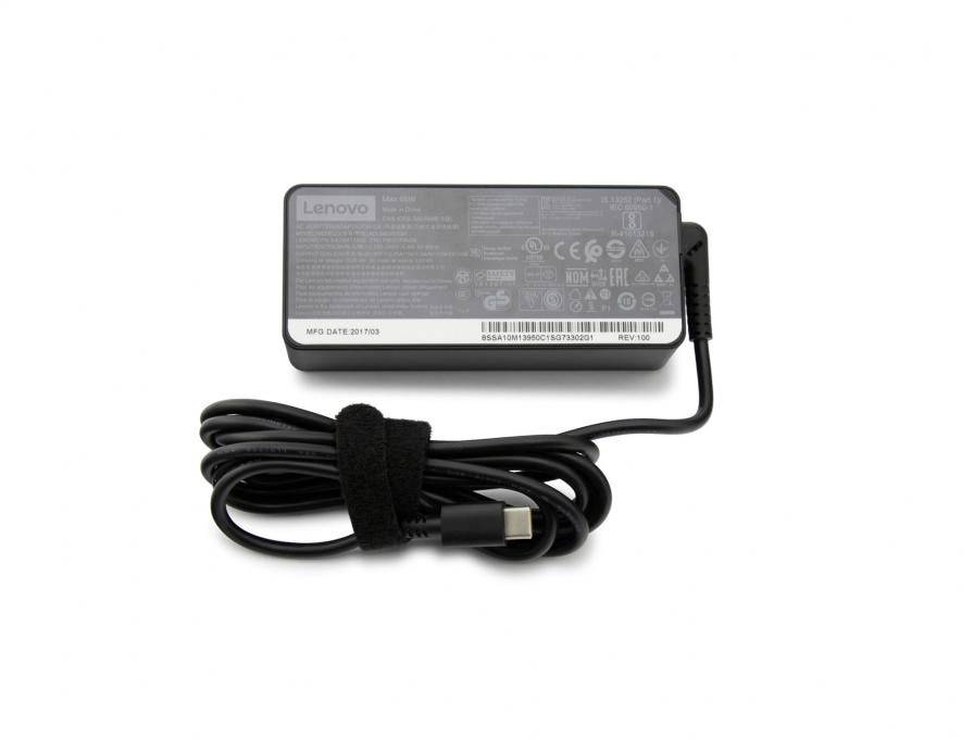 Adaptateur secteur Lenovo avec câble, compatible avec les ordinateurs portables. Vue de dessus montrant les spécifications techniques sur l'étiquette.