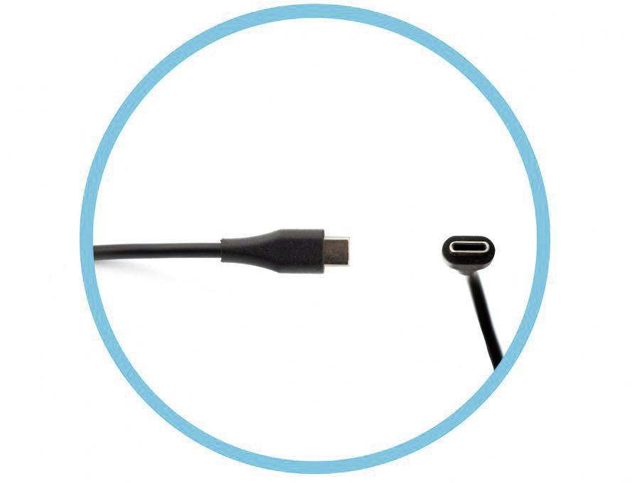 Un câble USB-C avec une fiche noire est partiellement visible, pris en photo depuis une perspective latérale dans un cercle bleu.
