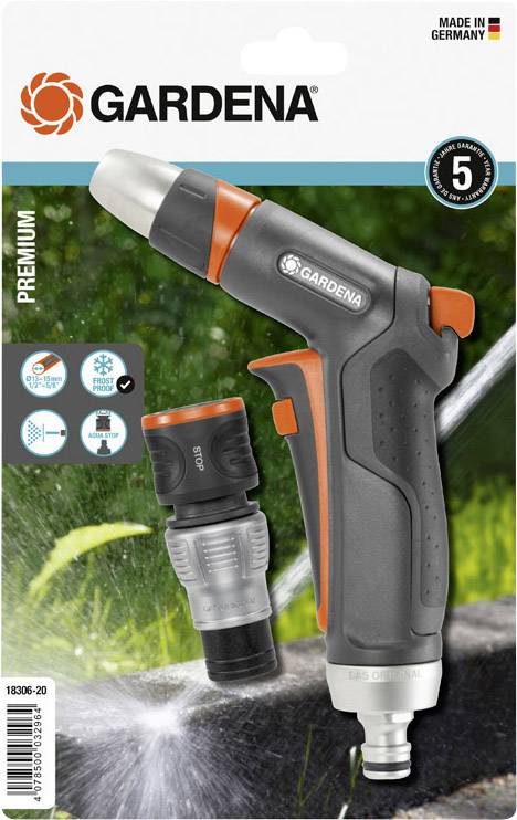 'GARDENA Premium' Buse de pulvérisation d'arrosage avec raccord devant une source d'eau pulvérisée. Fabriqué en Allemagne. 5 ans de garantie.