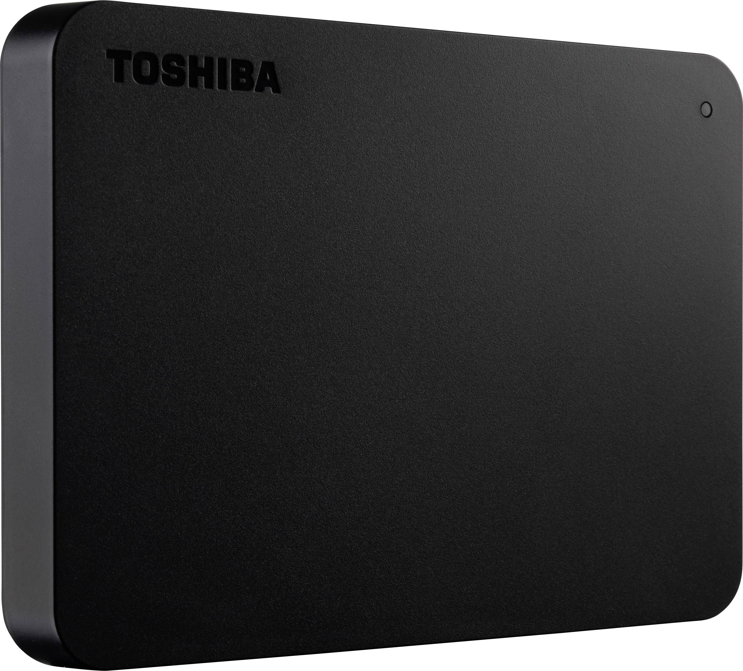 Disque dur externe Toshiba, noir, rectangulaire, avec des coins arrondis. Nom de la marque visible en haut à gauche.