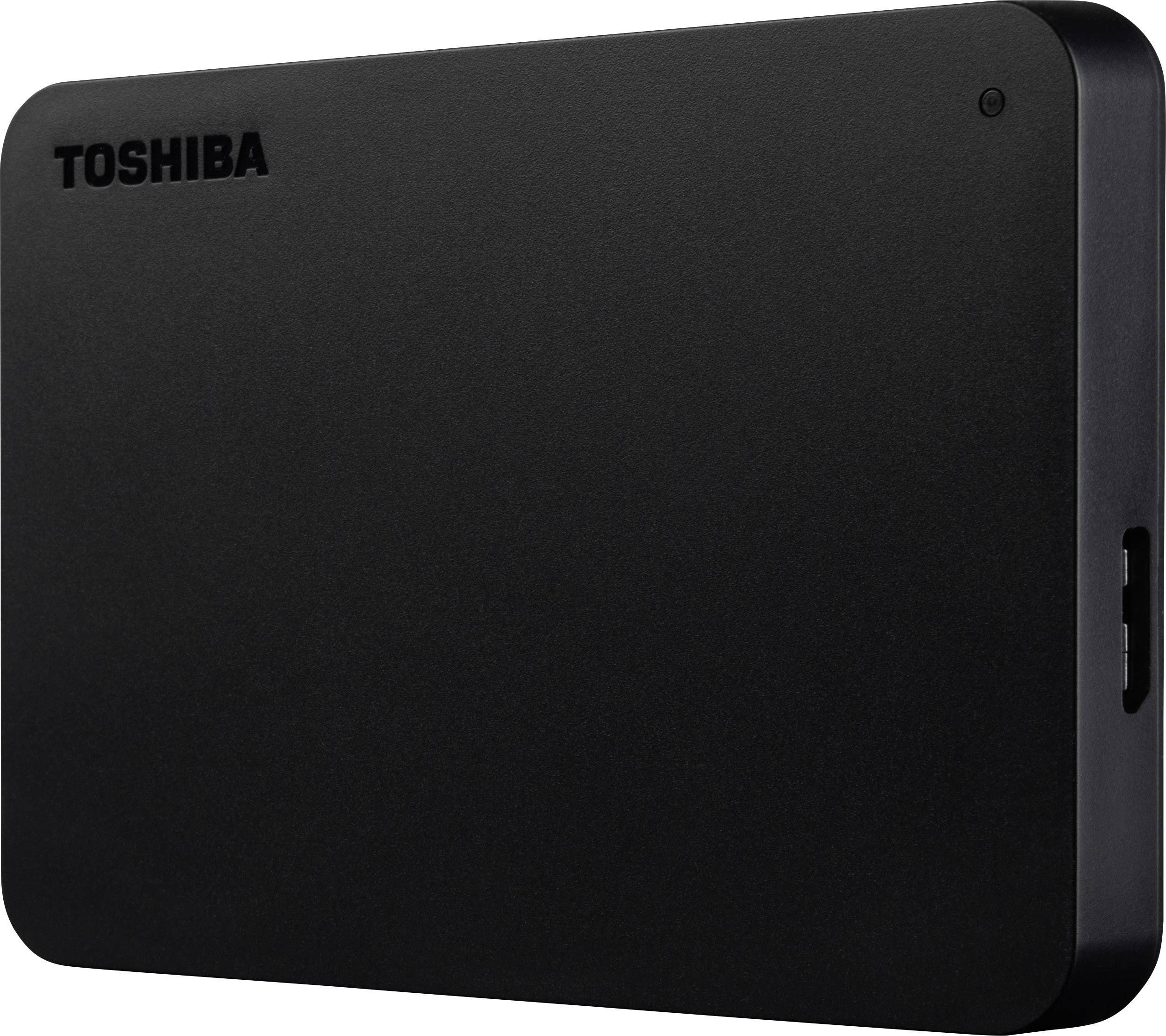 Disque dur externe Toshiba, noir, rectangulaire, avec port USB sur le côté.