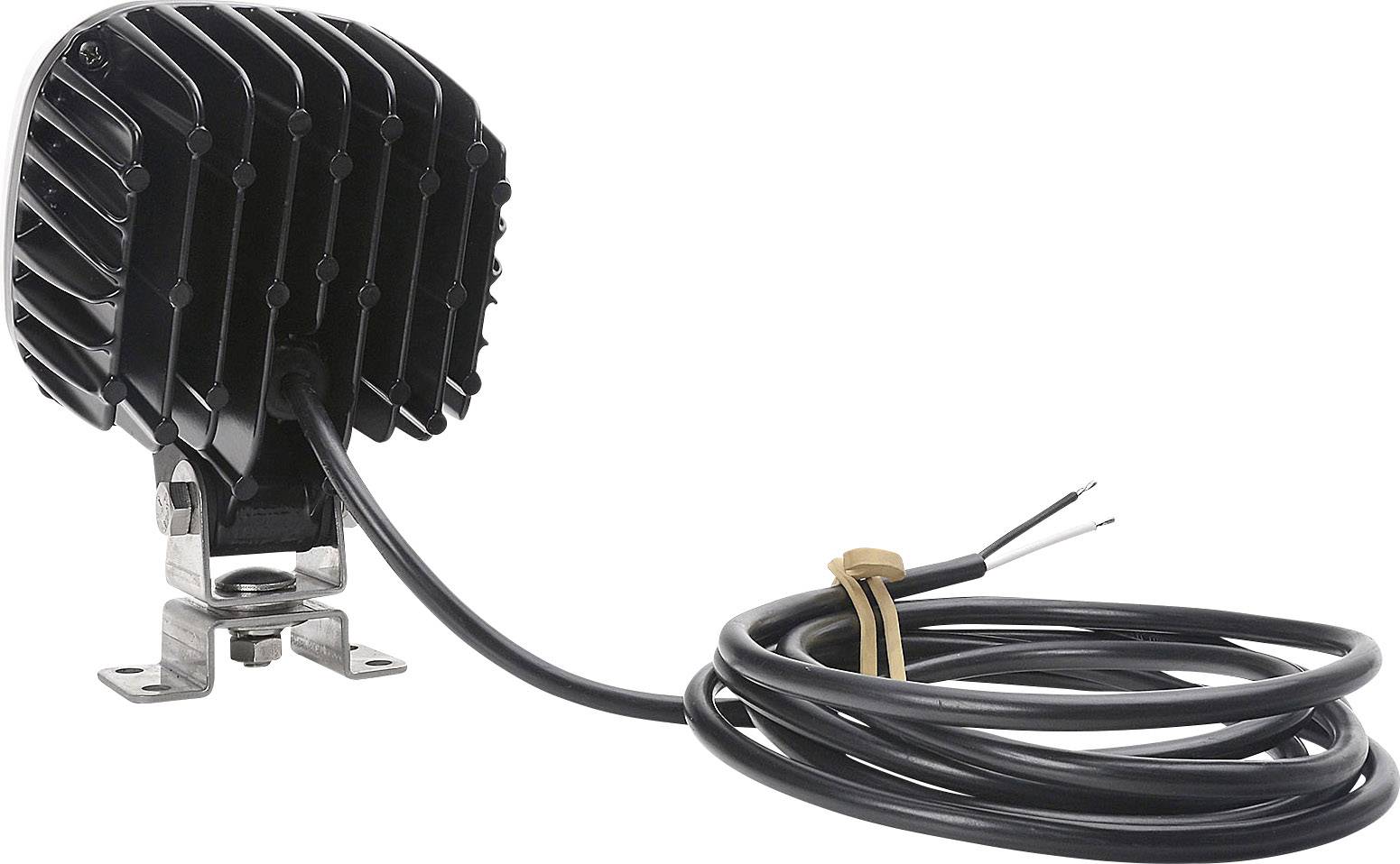 Projecteur de travail LED noir avec ailettes de refroidissement et support de fixation ; câble de connexion à extrémités ouvertes pour l'alimentation électrique.