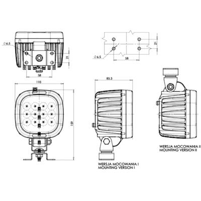 Dessin technique d'un projecteur LED avec détails de raccordement et de fixation, comprenant les vues de face et de profil.