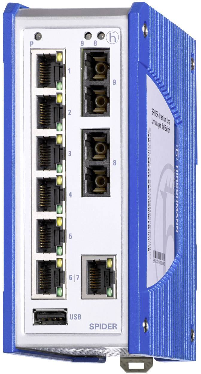 Un commutateur réseau bleu avec huit ports Ethernet et un port USB, le nom de modèle 'SPIDER' visible sur le côté.