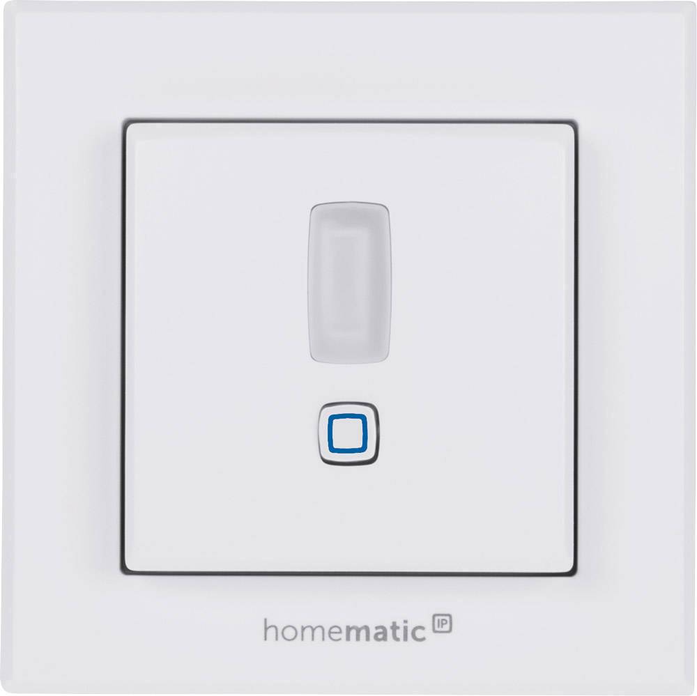 Interrupteur de Homematic IP avec un interrupteur à bascule central et un petit bouton de configuration bleu en dessous, en blanc.