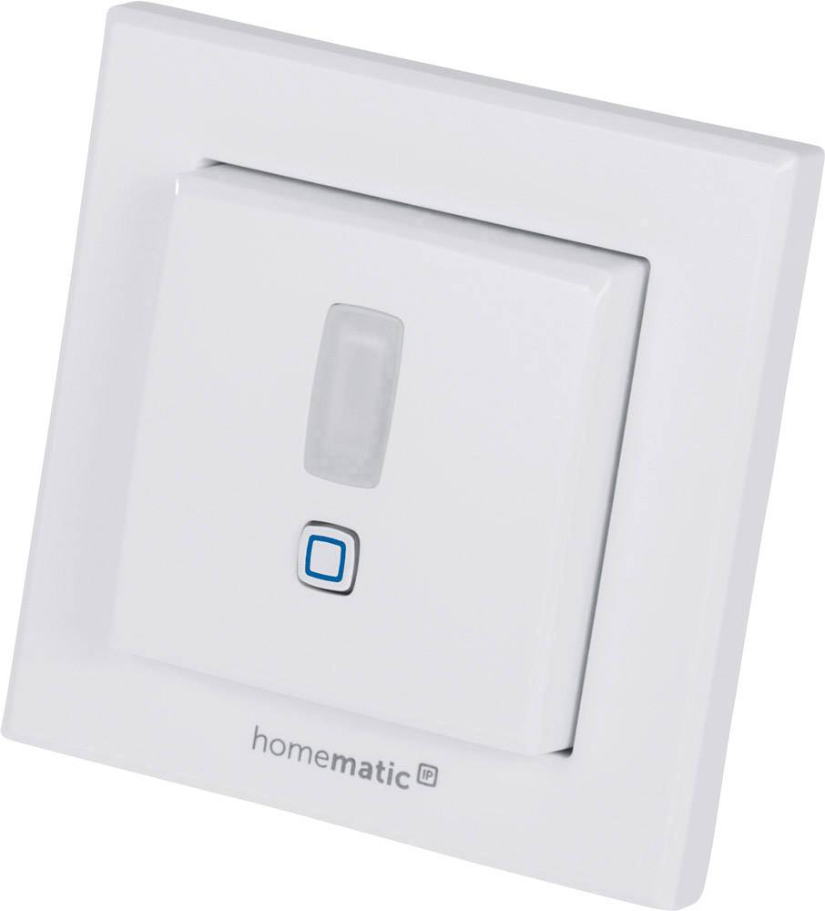 Détecteur de mouvement dans un boîtier blanc de 'homematic IP', forme carrée, bouton bleu et champ de capteur visibles.