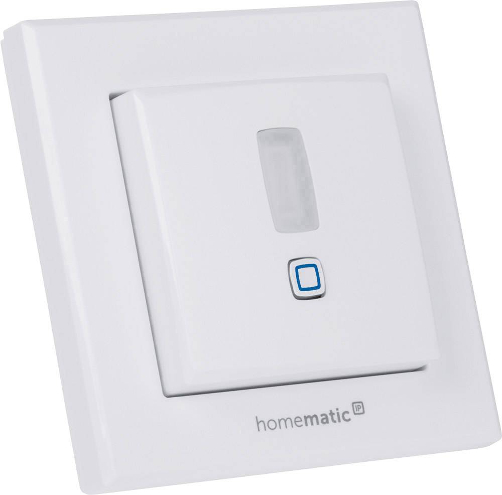 Un interrupteur mural blanc avec capteur et petit bouton bleu. Marque 'homematic'.
