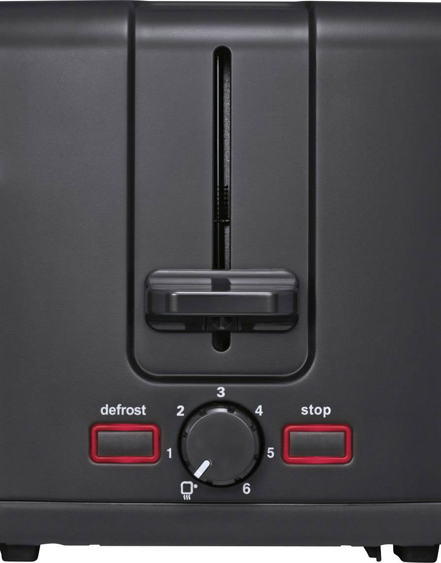 Grille-pain noir sans pain, avec deux touches pour décongeler et arrêter, et un bouton rotatif pour régler la température de 1 à 5.