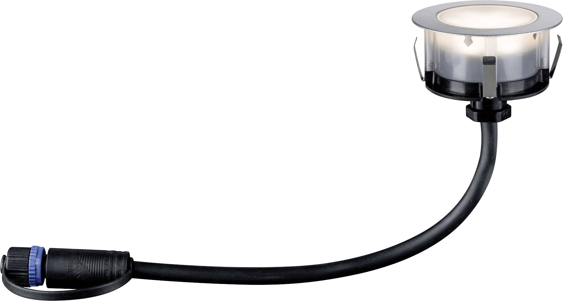 Spot encastrable rond avec câble noir et fiche de connexion. Le projecteur dispose d'un support argenté et émet une faible lumière.