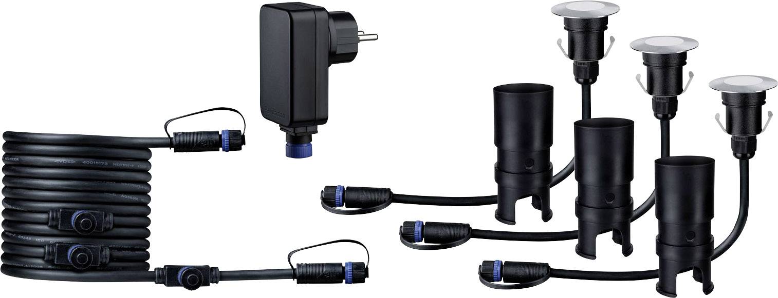 Ensemble de spots LED noirs avec câbles de connexion et adaptateur secteur, adapté pour une utilisation extérieure.