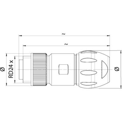 Dessin technique d'un connecteur cylindrique fileté avec trois bornes de raccordement, dimensions en millimètres.