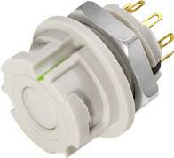 Un bouton rond blanc avec plusieurs broches dorées et un élément argenté, adapté pour des appareils électroniques.