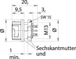 'Dessin technique d'un connecteur avec dimensions en millimètres et indication de l'écrou hexagonal.'