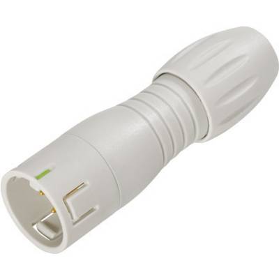 Un connecteur électrique blanc strié avec un boîtier cylindrique et une surface ergonomique moulée.