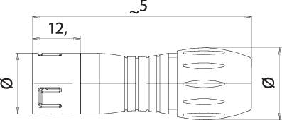 Dessin technique d'une lampe de poche avec dimensions : Longueur 124 mm. Vue de dessus montrant les détails tels que le motif de la poignée et la position de l'interrupteur.