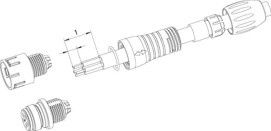 Vue éclatée d'un connecteur multibrins avec capuchons de protection, douille et gaine de câble, illustrant les détails de l'assemblage.