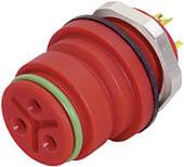 Connecteur électrique rouge, rond, avec plusieurs broches métalliques et deux anneaux en caoutchouc. Utilisé pour les connexions industrielles.