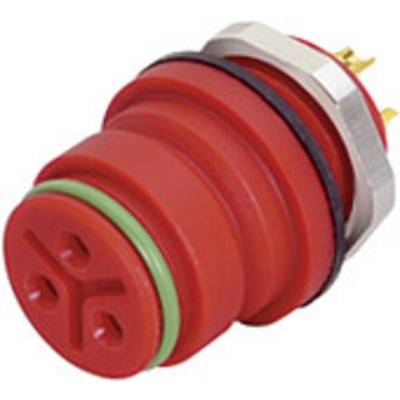 Connecteur électrique rouge, rond, avec plusieurs broches métalliques et deux anneaux en caoutchouc. Utilisé pour les connexions industrielles.