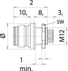 Dessin technique d'un composant avec cotes. Présente les dimensions, type de raccordement 'M12' et différentes vues pour le montage.