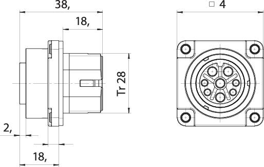 Dessin technique d'un connecteur ; montre les vues de côté et de face avec des dimensions en millimètres pour la planification du raccordement.