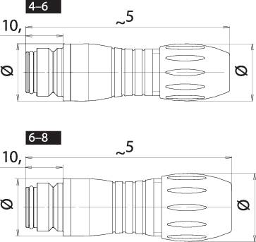 Dessin technique de deux pièces cylindriques de dimensions différentes. En haut : '4-6', en bas : '6-8'. Dimensions et espacements indiqués.
