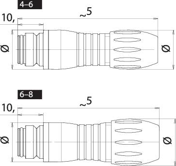 Dessin technique de deux modèles de boulons avec cotations. En haut 4-6 cm, en bas 6-8 cm. Les deux présentent une structure rainurée.