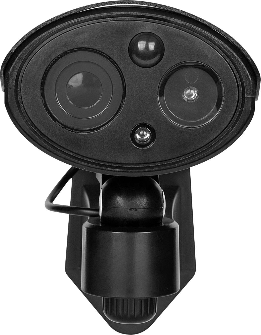 Caméra de sécurité noire avec objectifs et capteurs à l'avant, montée sur un support, destinée à la surveillance de zones.