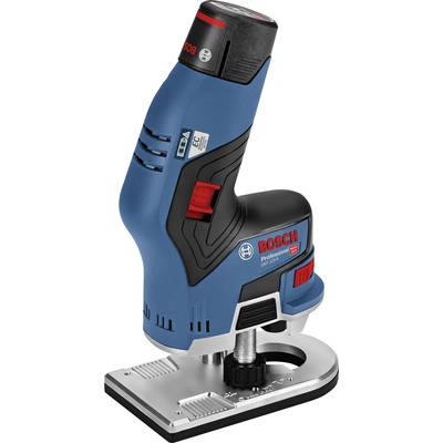 Un fraiseur de chants sans fil Bosch bleu, ergonomique, avec un interrupteur rouge et une poignée noire sur une base métallique.