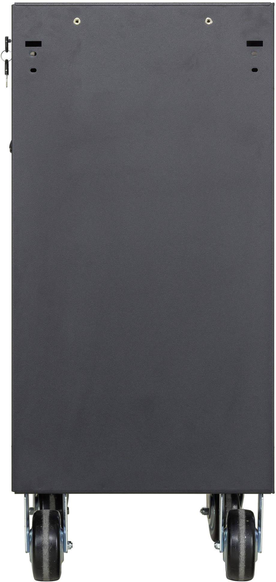 Armoire mobile noire, rectangulaire, sur roulettes, photographiée de face. Aucune poignée visible ou caractéristique particulière.