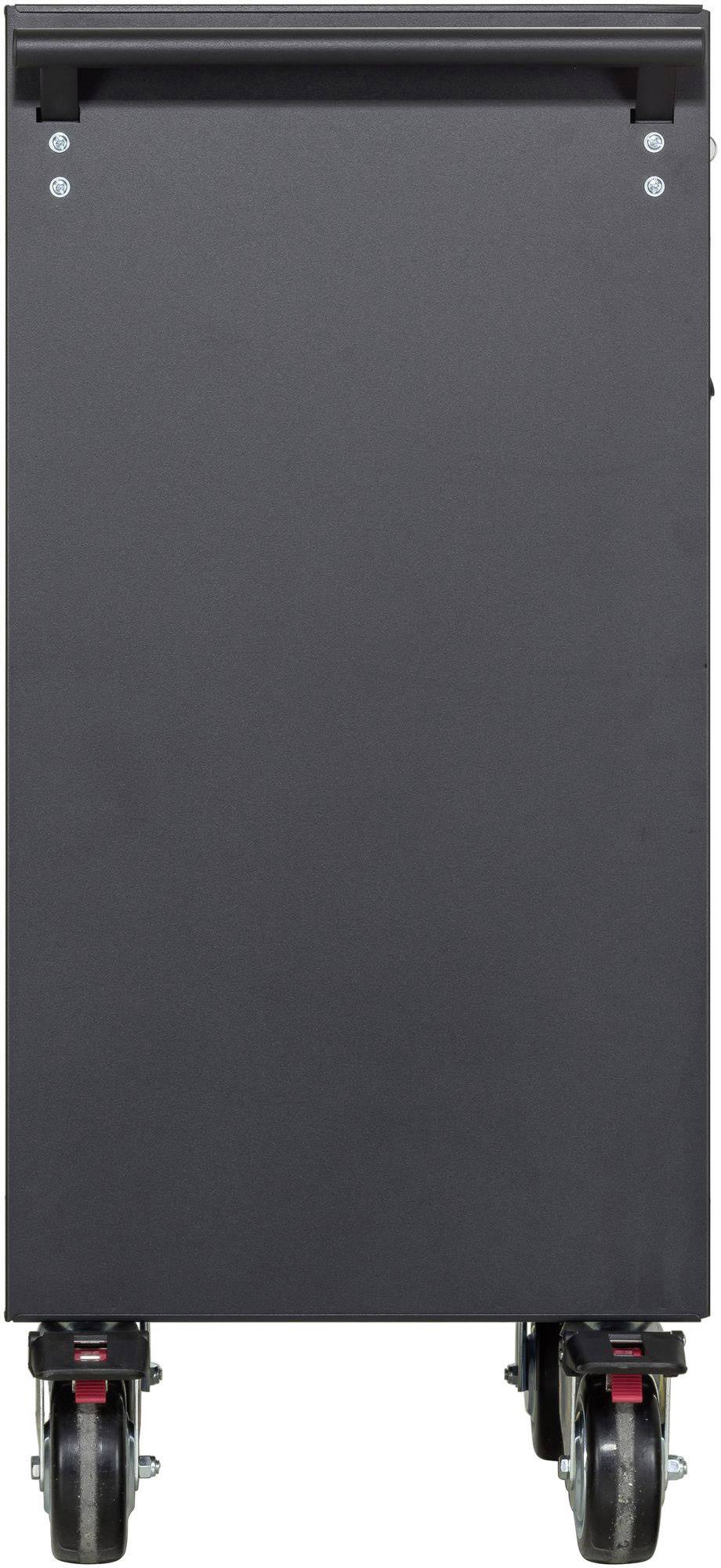 Armoire noire mobile sur quatre roulettes, adaptée au rangement.